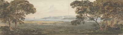 Skogkledd landskap med utsikt over en elvemunning av Rev. William Gilpin