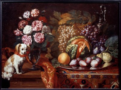 Stilleben med dvergspaniel. Maleri av Renaud Levieux sa Reynaud Le Vieux (ca. 1625-1690) av Reynaud Levieux
