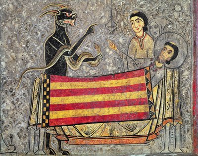 The Death of St. Martin of Tours, detalj fra et alterfront fra Church of Saint Martin in Chia, 1150-1200 (tempera på panel) (detalj av 498163) av Ribagorça Workshop Johannes Pintor