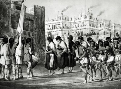 Buffalo Dance på Pueblo de Zuni, New Mexico, fra "Report of an Expedition Down the Zuni and Colorado Rivers" av Sitgreave, pub. av Ackermann av Ricard Hovenden Kern
