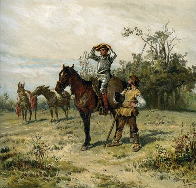 Don Quixote rir på Rossinante, bruker hjelmen sin, Sancho Panza bærer spydet sitt av Ricardo Balaca