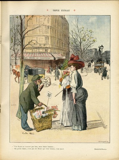 Illustrasjon av Ricardo Flores (1878-1918) i Le Rire, 25/04/08 - Trippelt utdrag - Arkitektur Urbanisme, Mote, Hat, Transport, Blomster, Butikker av Ricardo Flores
