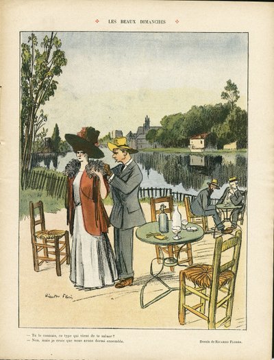 Illustrasjon av Ricardo Flores (1878-1918) i Le Rire, 04/07/08 - Vakre søndager - Fritid, Naturvegetasjon, Arkitektur Urbanisme, Restaurantkaféer, Maritim Marine Seaside av Ricardo Flores