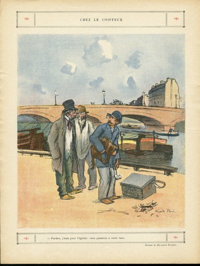 Illustrasjon av Ricardo Flores (1878-1918) i Le Rire, 05/10/12 - Hos frisøren - Paris, Yrker, Arkitektur Byplanlegging, Bro, River River - Hund, Frisør av Ricardo Flores