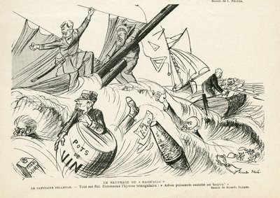Illustrasjon av Ricardo Flores (1878-1918) i Le Rire, 25/05/12 - Radikalismens forlis - Radikalisme, Maritime Marine Seaside, Røyking, Yachting, Tobakk - Combes Emile (1835-1921), Andre Louis (1838-1913) ), Pelletan Camille (1846-1915) - Grafisk parod av Ricardo Flores