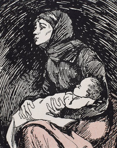 Julaften. 1900. En mager kvinne med barnet i armene (gravering) av Ricardo Maria Navarrete