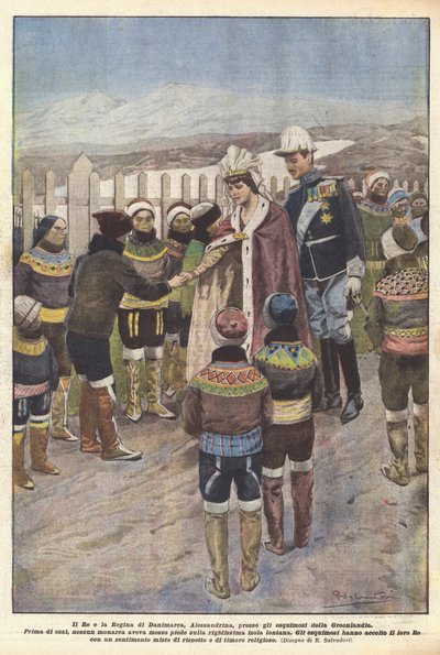 Kongen og dronningen av Danmark, Alexandrine, til grønlandseskimoene (farge litho) av Riccardo Salvadori