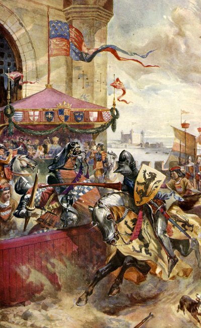 Joust holdt på London Bridge (farge litho) av Richard (after) Beavis