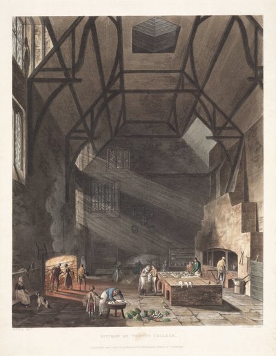 'Kitchen of Trinity College', Cambridge, tidlig på 1800-tallet av John Pardon