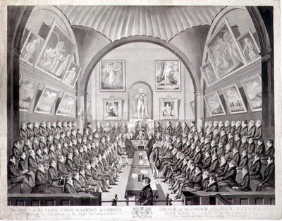 Lord Mayor, Aldermen and Common Council i Council Chamber Guildhall, London, gravert av Thomas Sutherland (f.c.1785) publisert 1825 (lito) av Richard (after) Dighton