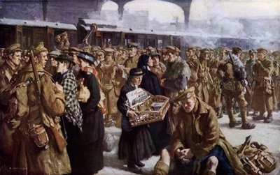 Victoria Station, WW1, drar til Frankrike (farge litho) av Richard (after) Jack