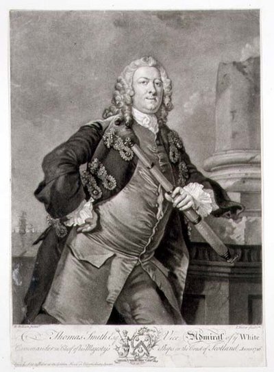 Portrett av admiral Thomas Smith (d.1762) viseadmiral av de hvite, gravert av John Faber (1684-1756) 1746 (gravering) av Richard (after) Wilson