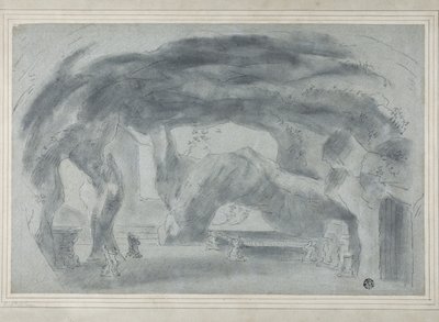 Interiør av en grotte (svart kritt med stumping, forsterket med innslag av hvitt kritt, på blått papir, lagt ned på kort) av Richard (attr.to) Wilson