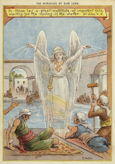 Kristi mirakler: syke mennesker som venter på flytting av vannet av en engel (chromolitho) av Richard Andre