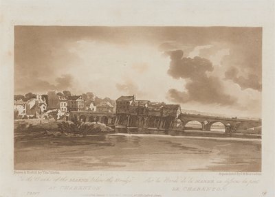 På bredden av Marne nedenfor broen ved Charenton 1803; Plate 19 fra Views in Paris, Emanuel Volume-sporingen av platen B1981.25.2628 av Richard Banks Harraden