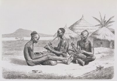 Shuli svart spiller musikk, fra 'The History of Mankind', Vol. III, av Prof. Friedrich Ratzel, 1898 av Richard Buchta