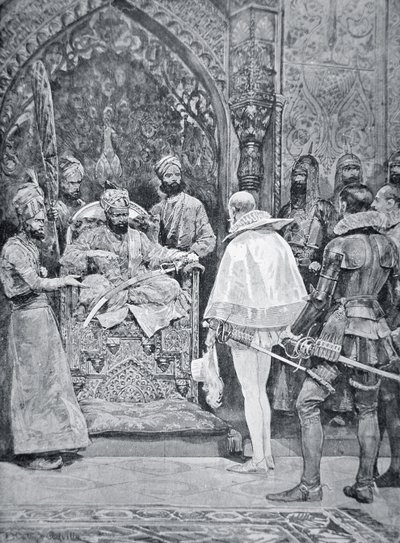 Akbar den store mottar dronning Elizabeths ambassadør i 1599 (litho) av Richard Caton (after) Woodville