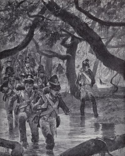 Britiske soldater krysser sumpene ved elven Essequibo i Britisk Guyana av Richard Caton II (after) Woodville
