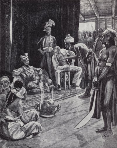 Sir James Brooke forhandler om en traktat med sultanen av Brunei for å etablere en britisk koloni på Borneo av Richard Caton II (after) Woodville