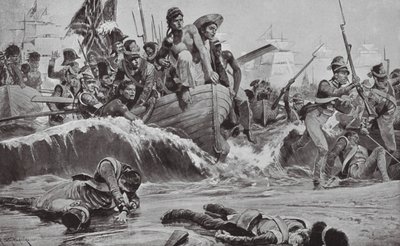 De britiske troppene tvinger frem en landing ved Aboukir-bukten i møte med de franske batteriene (lito) av Richard Caton II (after) Woodville