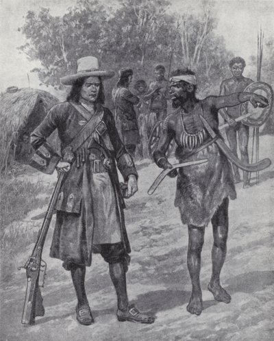 William Dampier med en urbefolkning under hans utforskning av Australia, sent på 1600-tallet (litho) av Richard Caton II (after) Woodville