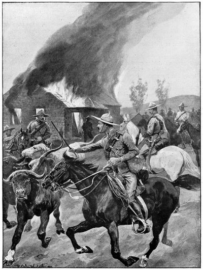 Britiske kolonitropper brenner en opprørsboers gård. Etter maleri av R. Caton Woodville. 2. boerkrig 1899–1902. av Richard Caton II Woodville