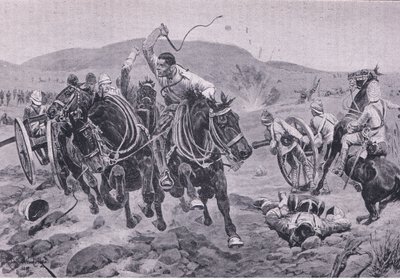 Feltartilleri kommer i aksjon (litho) av Richard Caton II Woodville
