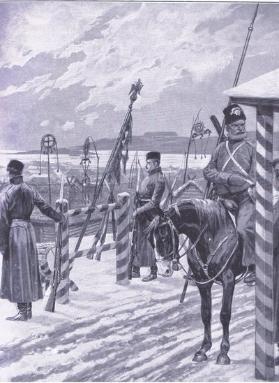 En kosakkstasjon i Manchuria med stammeskilt over herrehyttene, illustrasjon fra Cassells History of the Russo-Japanese War Vol 1, ca. 1900 av Richard Caton Woodville