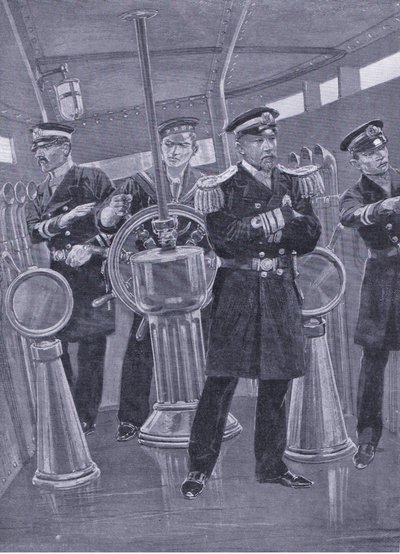 Admiral Togo i Conning Tower på flaggskipet hans, dirigerer en marineaksjon, illustrasjon fra Cassells History of the Russo-Japanese War Vol 1, ca. 1900 av Richard Caton Woodville