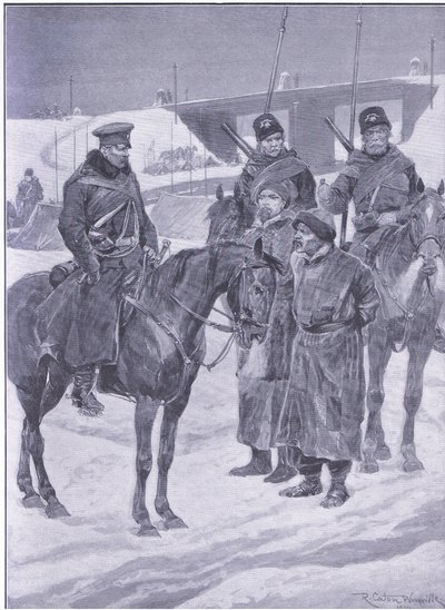 Arrestasjon av japanske spioner oppdaget som kulier , illustrasjon fra Cassells History of the Russo-Japanese War Vol 1, ca. 1900 av Richard Caton Woodville