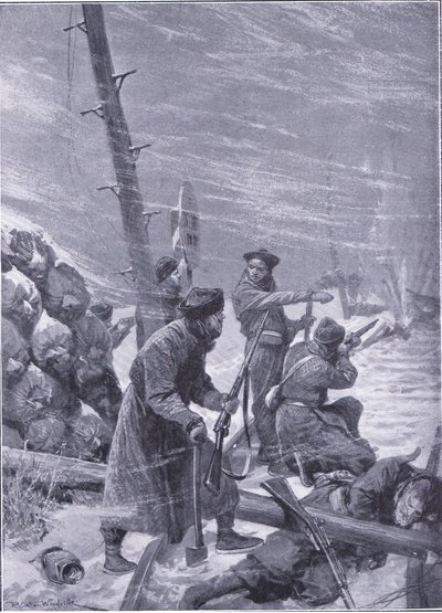 Angrep på jernbanen av Chunchuses, illustrasjon fra Cassells History of the Russo-Japanese War Vol 1, ca. 1900 av Richard Caton Woodville