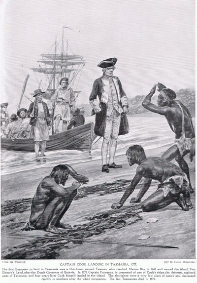 Kaptein Cook lander i Tasmania, 1777, illustrasjon fra 