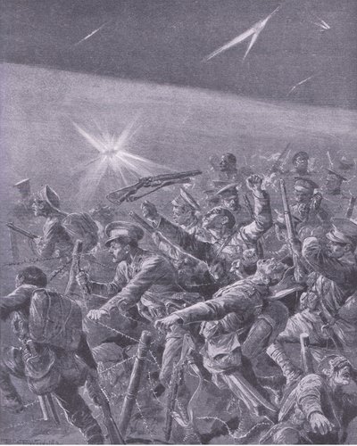 Fanget i piggtrådforviklinger: Nattagrep av britisk infanteri, fra History of the Great War Vol 3 utgitt av Waverley Book Co Limited, ca. 1920 av Richard Caton Woodville
