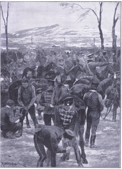 Japansk kavalerileir i Seoul: hovslagere i arbeid, illustrasjon fra Cassells History of the Russo-Japanese War Vol 1, ca. 1900 av Richard Caton Woodville