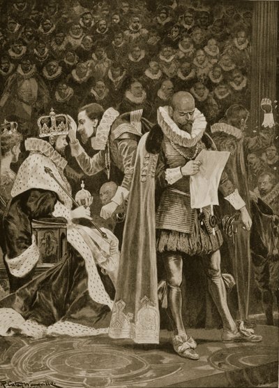 The Homage, the Largesse and the General Benådning ved kroningen av James I og Anne av Danmark, 25. juli 1603, fra 'The Illustrated London News', 1902 av Richard Caton Woodville
