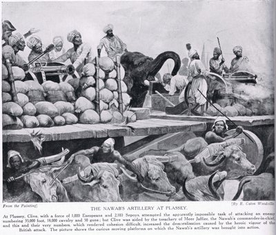 Nawabs artilleri ved Plassey, illustrasjon fra 'Hutchinson's Story of the British Nation', ca. 1923 av Richard Caton Woodville