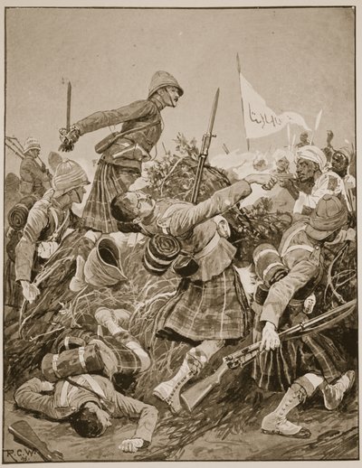 Seaforth Highlanders stormer zareba i slaget ved Atbara, illustrasjon fra 