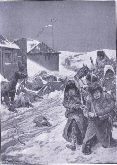 Den uendelige marsj østover: Et kjent syn på veien, illustrasjon fra Cassells History of the Russo-Japanese War Vol 1, ca. 1900 av Richard Caton Woodville