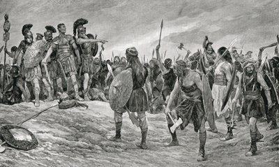 Vespasian reddet av sønnen Titus, illustrasjon fra 'Hutchinson's History of the Nations', ca. 1910 av Richard Caton Woodville