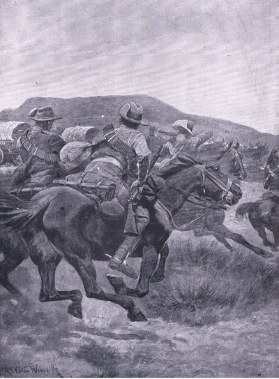Yeomanry angriper De Wets bakvakt og transport, fra After Pretoria: The Guerilla War utgitt av Harmsworth Bros Limited, 1901 av Richard Caton Woodville