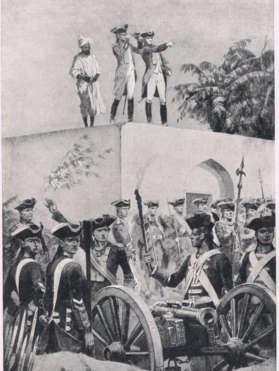 Slaget ved Plassey, 23. juni 1757: Clive på taket av Nawab Surat-ud-Daulahs jakthytte, illustrasjon fra British Battles on Land and Sea, 1915 av Richard Caton Woodville junior