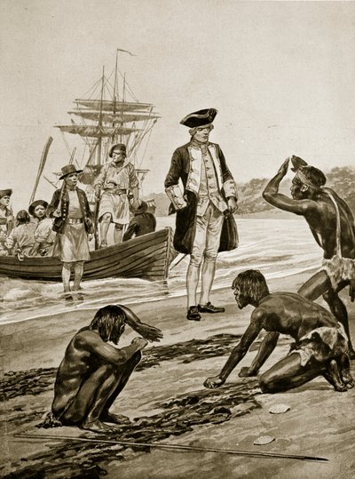 Kaptein Cook lander i Tasmania, 1777, illustrasjon fra 