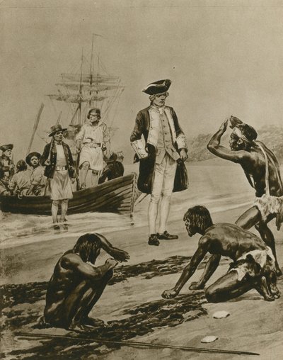 Hvordan Captain Cook ble ønsket velkommen i Tasmania (gravyr) av Richard Caton Woodville junior