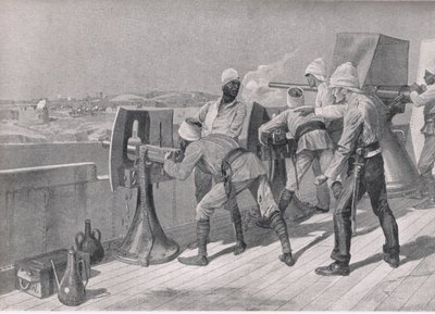 På vei oppover Nilen: Firing at the Dervishes, illustrasjon fra British Battles on Land and Sea, 1915 av Richard Caton Woodville junior