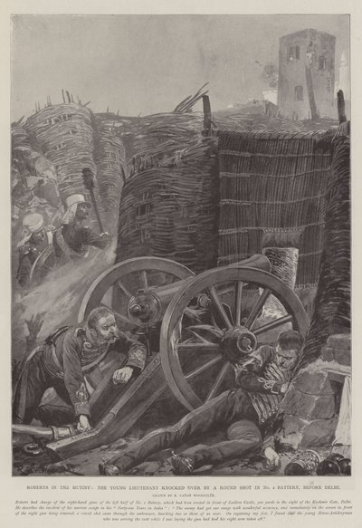 Roberts i mytteriet, den unge løytnanten veltet av et runde skudd i batteri nr. 2, før Delhi av Richard Caton Woodville junior
