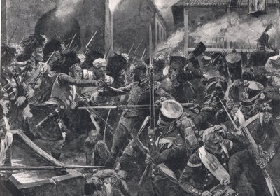 The 42nd Highlanders driver franskmennene ut av Elvina, illustrasjon fra 'British Battles on Land and Sea', utgitt av Cassell, London, ca. 1910 av Richard Caton Woodville junior