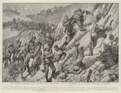 Ryddingen av Saran Ridge, mennene fra Northamptonshire Regiment heliograferer for hjelp i deres nedstigning med de sårede av Richard Caton Woodville junior