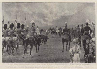 The Great Coronation Review på Aldershot, 16. juni, dronning Alexandra, i kongens fravær, og presenterte farger til det andre Highland Light Infantry av Richard Caton Woodville junior