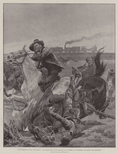 The Hemming-In of the Boers, et pansret tog som hindrer et forsøk fra borgere på å krysse jernbanen av Richard Caton Woodville junior