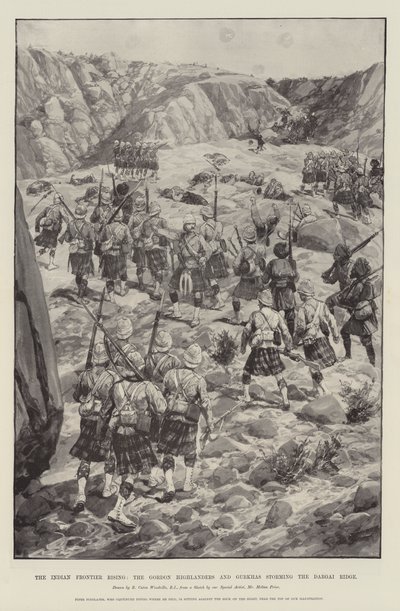 Indian Frontier Rising, Gordon Highlanders og Gurkhas stormer Dargai Ridge av Richard Caton Woodville junior